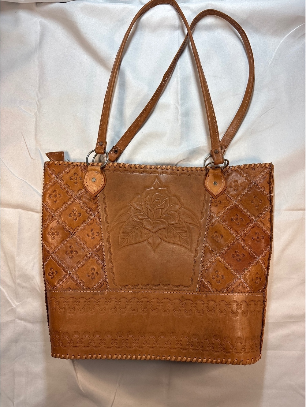 Vintage Tooled Leather Rose Shoulder Tote Handcrafted Floral Whipstitched Boho